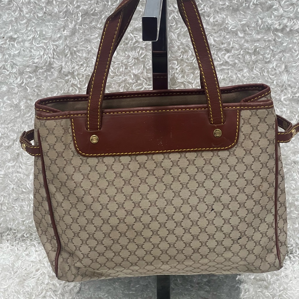 Celine Shoulder Bag Macadam Canvas/Leather Brown Women's